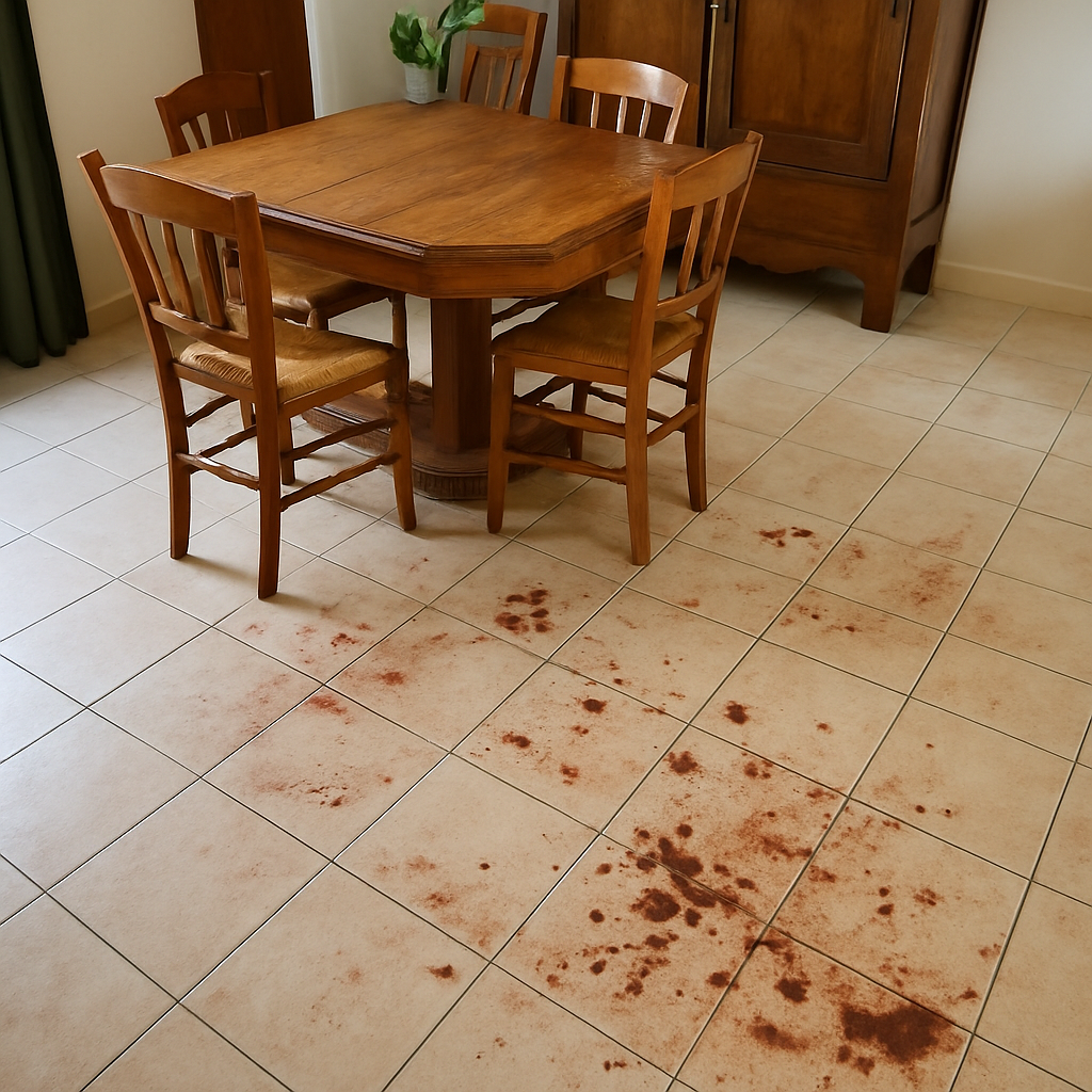 Avant nettoyage de sol après sinistre à Quimper – Propreté 29 Sol carrelé taché avant intervention de nettoyage professionnel à Quimper par Propreté 29